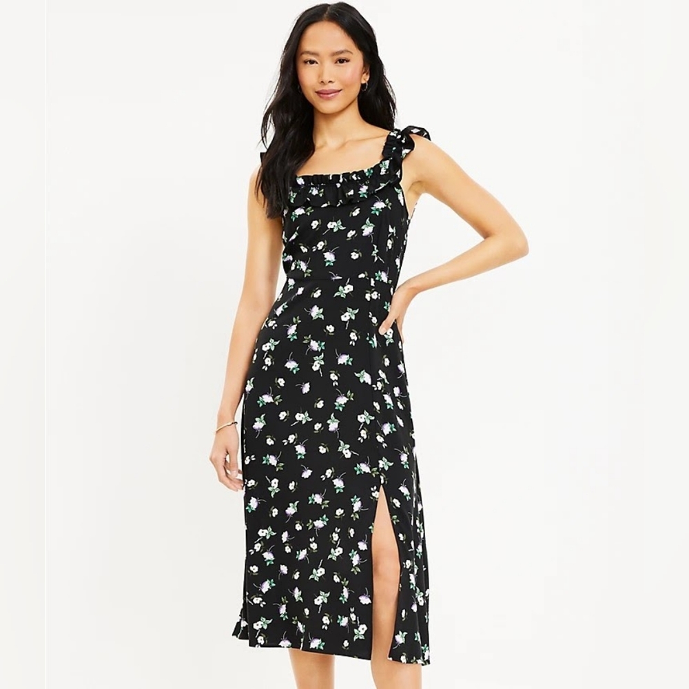 Loft Floral Ruffle Square Neck Midi Dress washed-out black
